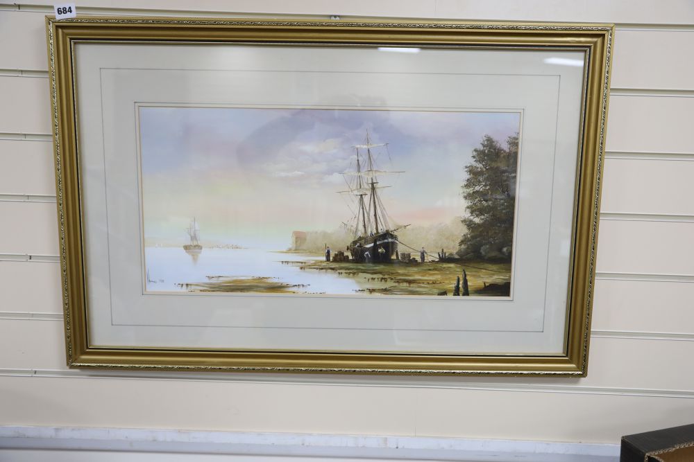 Ken Hammond (1948-), gouache on card, Estuary at low tide, signed and dated 1988, 30 x 60cm